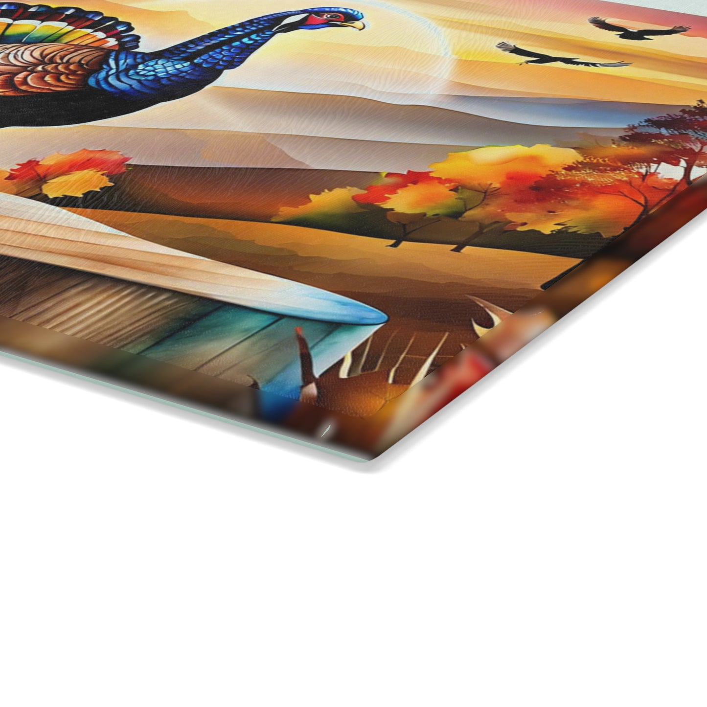 Glass Cutting Board — Colorful Turkey Sunset Kitchen Cutting Board, Autumn Farmhouse Décor