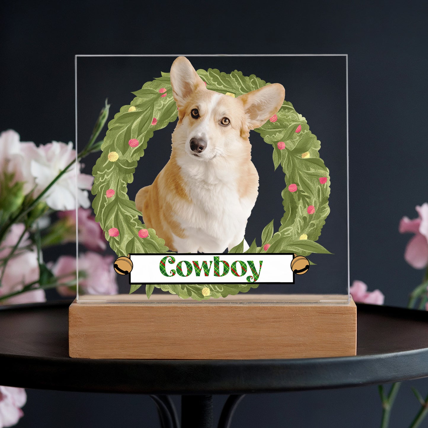 Pet Personalized Holiday Wreath Photo Upload Keepsake Acrylic Plaque with Lighted LED Wooden Base - Mallard Moon Gift Shop