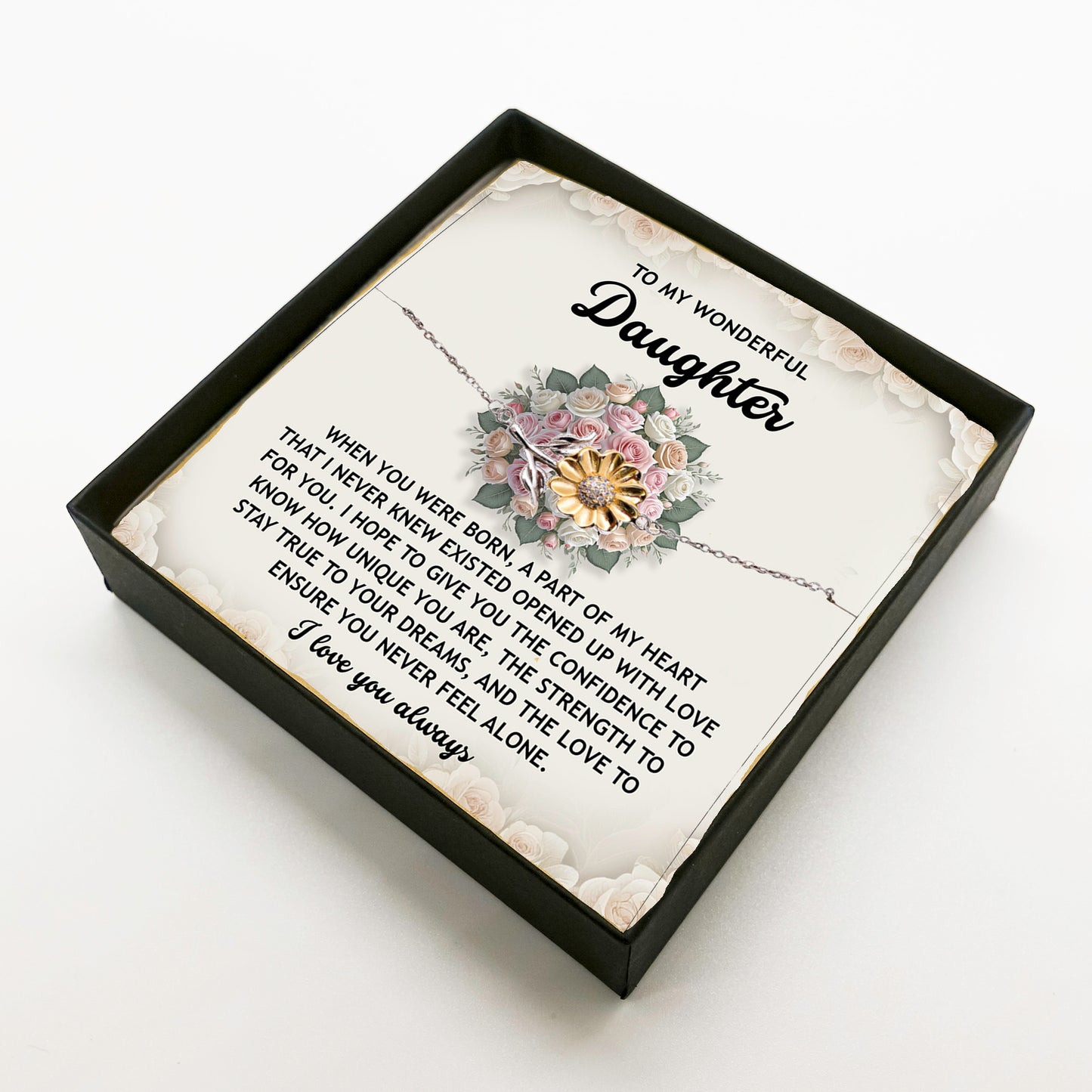 Daughter Sunflower Bracelet – Sentimental Jewelry for Birthday, Graduation, Christmas Gift from Parent – Includes Heartfelt Message Card - Never Feel Alone - Mallard Moon Gift Shop