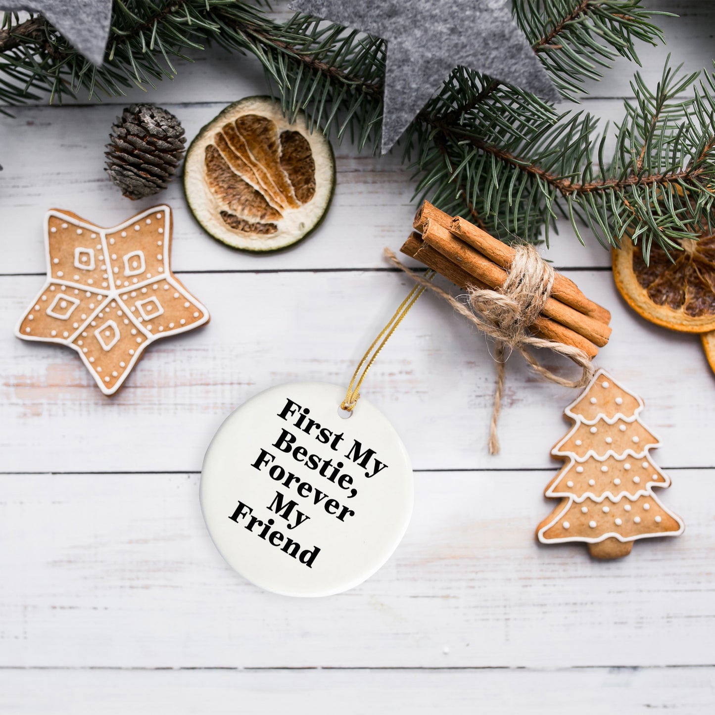 Forever My Bestie, Circle Ornament Gift for Bestie, Funny Christmas Ornament with Quote, Gifts from Friends to Bestie