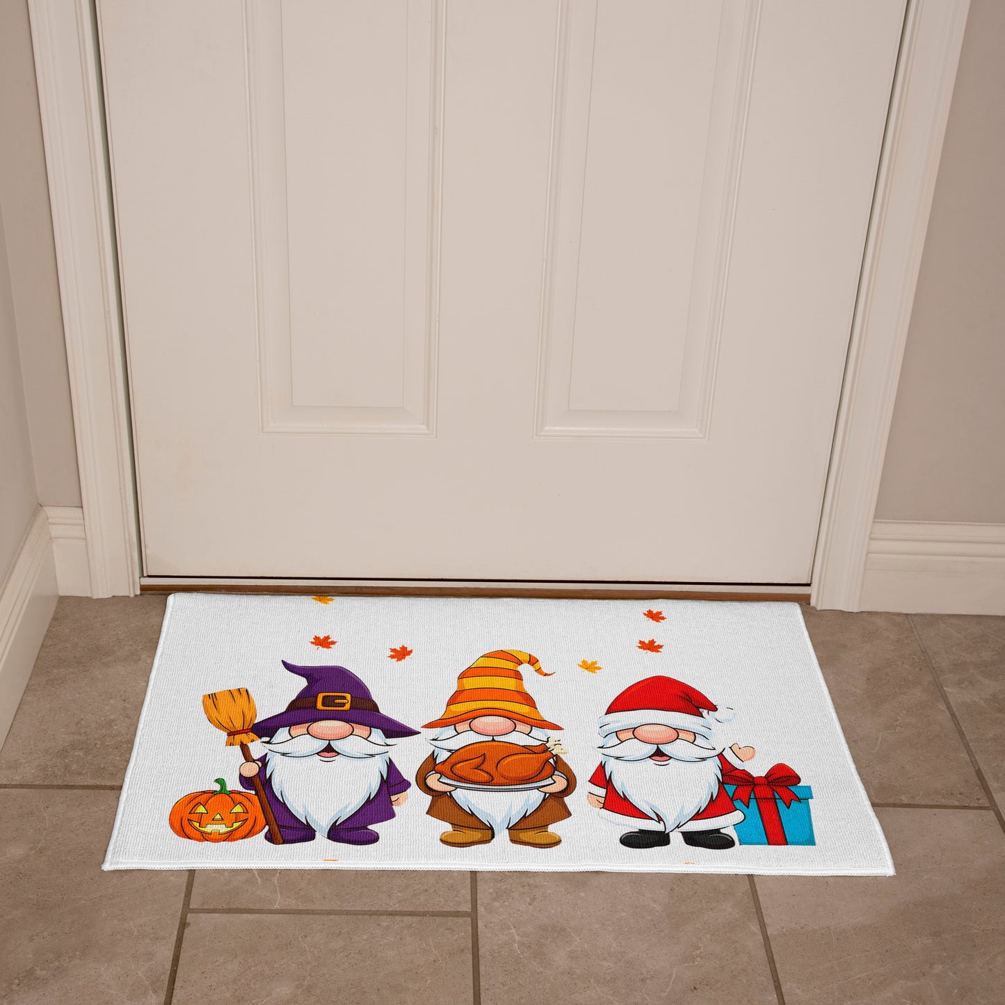 Holiday Gnome Trio Doormat – Halloween, Thanksgiving & Christmas All-in-One Welcome Mat – Cute Seasonal Full-Color Entry Rug - Mallard Moon