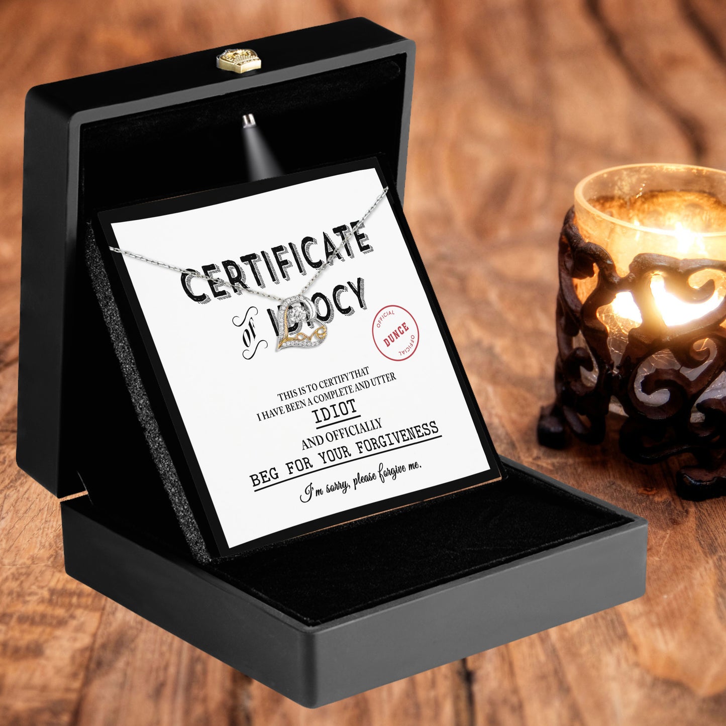 Apology Gift for Girlfriend, Wife, Soulmate - Sorry, Certificate Of Idiocy - Love Dancing Heart Pendant Necklace - Mallard Moon