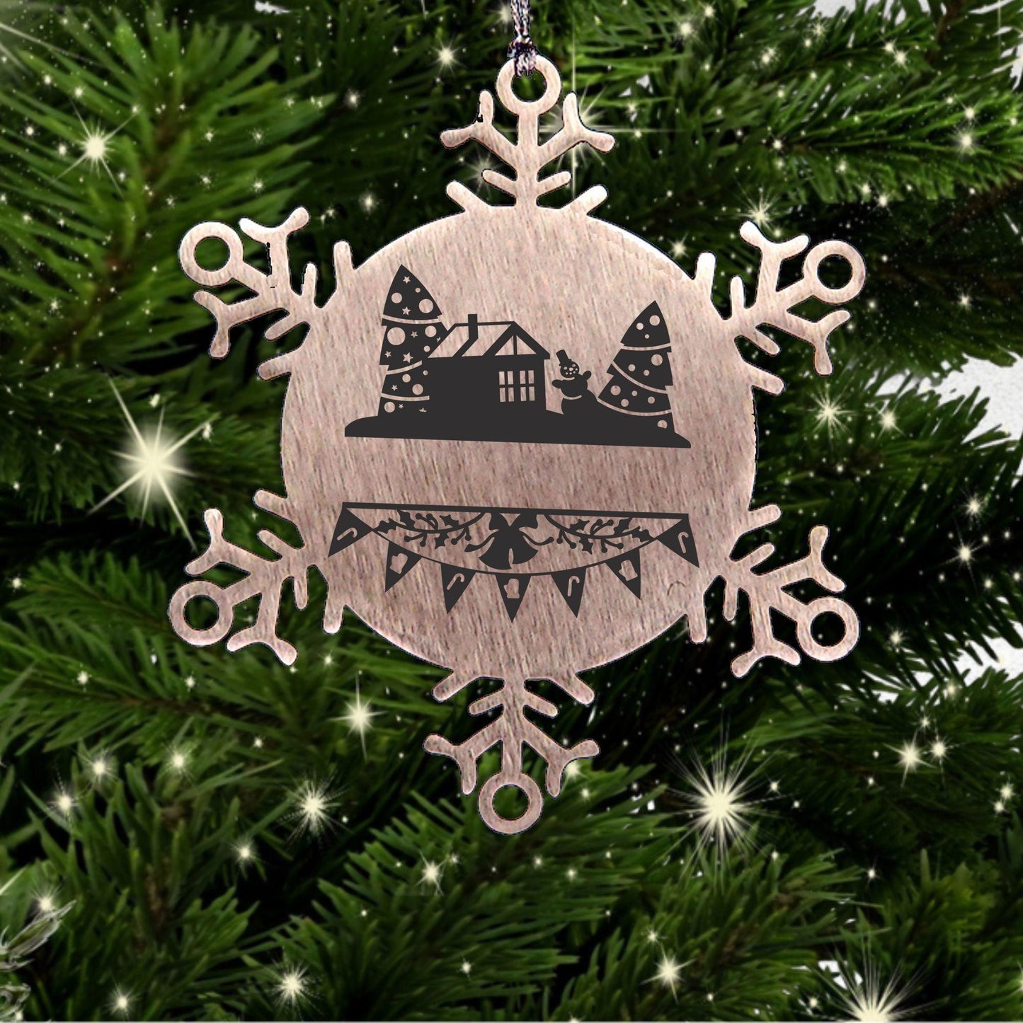 Personalized Family Name Laser Engraved Stainless Steel Snowflake Tree Ornament - Home for the Holidays