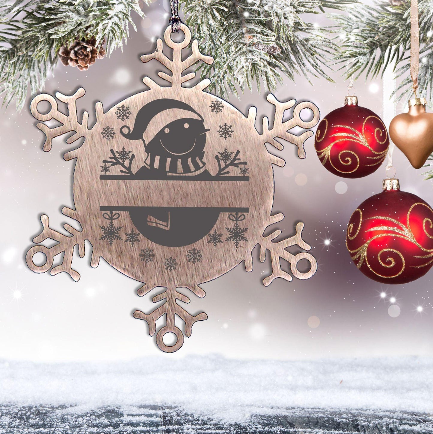 Personalized Snowman Snowflake Tree Ornament Family Name Laser Engraved Stainless Steel