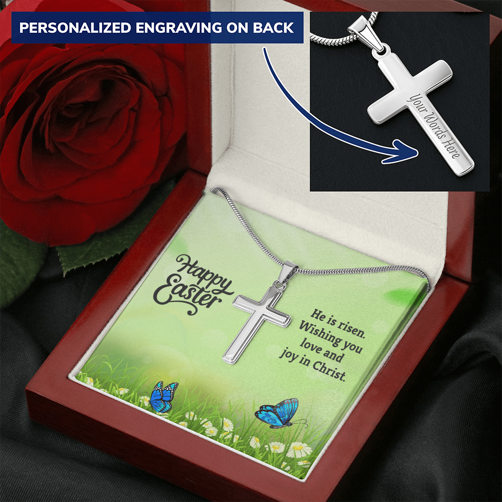 Easter Personalized Stainless Steel Cross Necklace – Custom Engraved Christian Pendant for Men & Women – Religious Jewelry with Adjustable Snake Chain - Mallard Moon Gift Shop