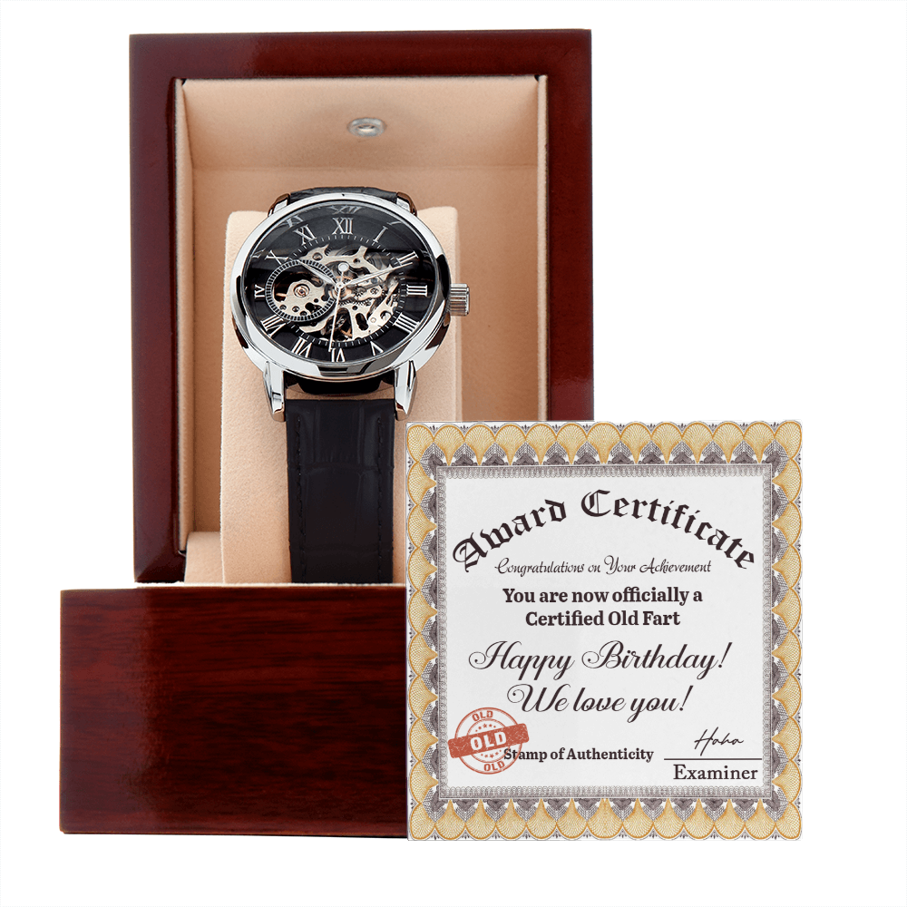 Certified Old Fart Birthday Watch – Men's Openwork Watch with Leather Band | Gag Gift for Dad, Grandpa, Husband or Friend - Mallard Moon Gift Shop