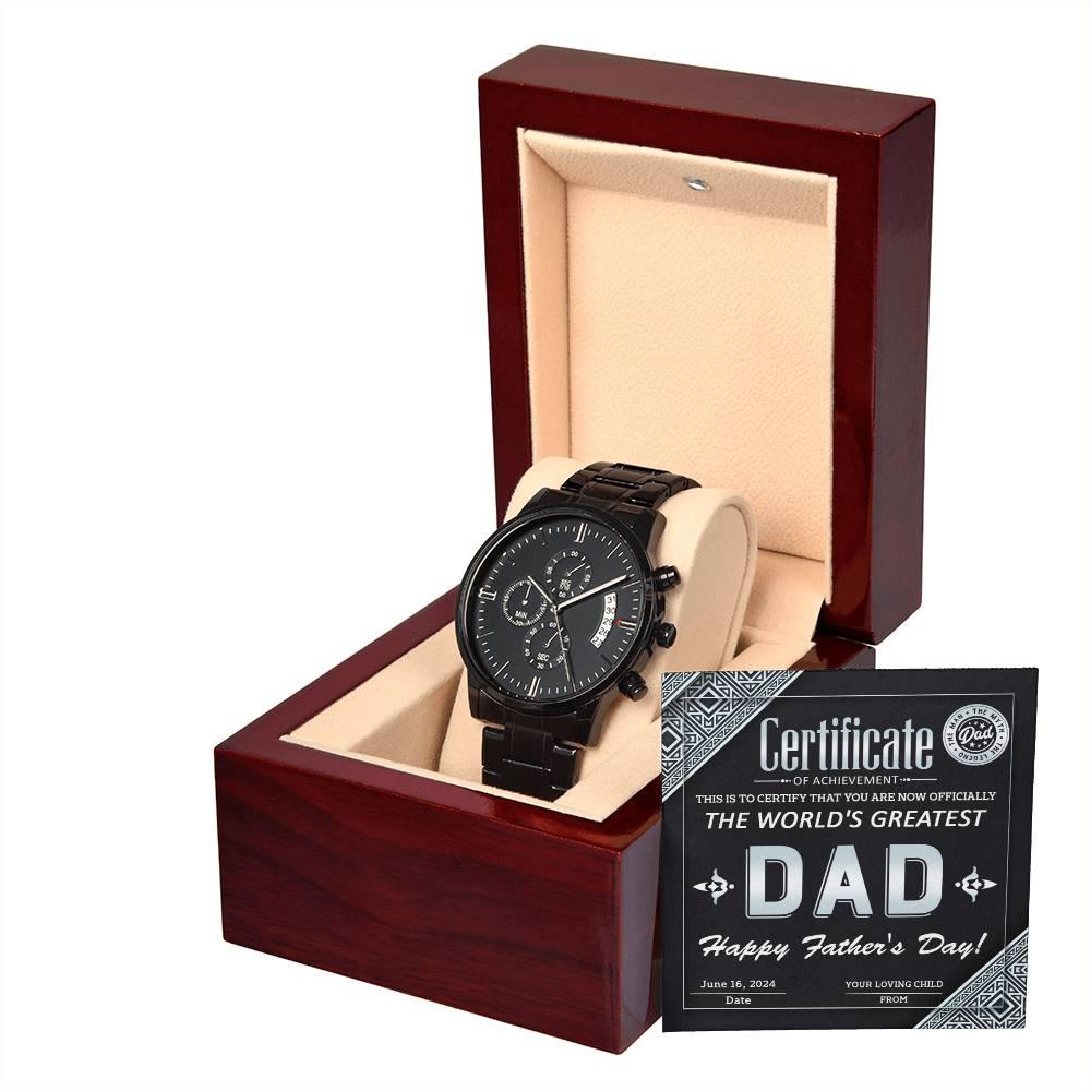 Dad Certificate of Achievement as the World's Greatest Dad Black Chronograph Watch - Mallard Moon Gift Shop