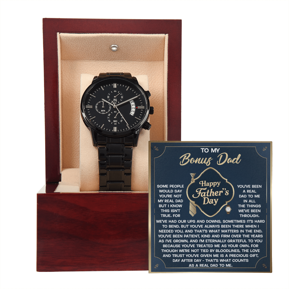 Bonus Dad Black Chronograph Watch – “Real Love, Real Dad” Elegant Father's Day Gift from Stepson or Stepdaughter, Luxury Stainless Steel Watch Premium Gift Box - Mallard Moon Gift Shop