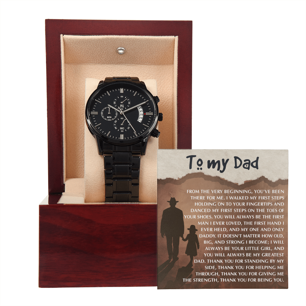 To My Dad - First Love Father Daughter Message Card with Luxury Black Chronograph Watch - Meaningful Father's Day Gift from Daughter - Mallard Moon Gift Shop