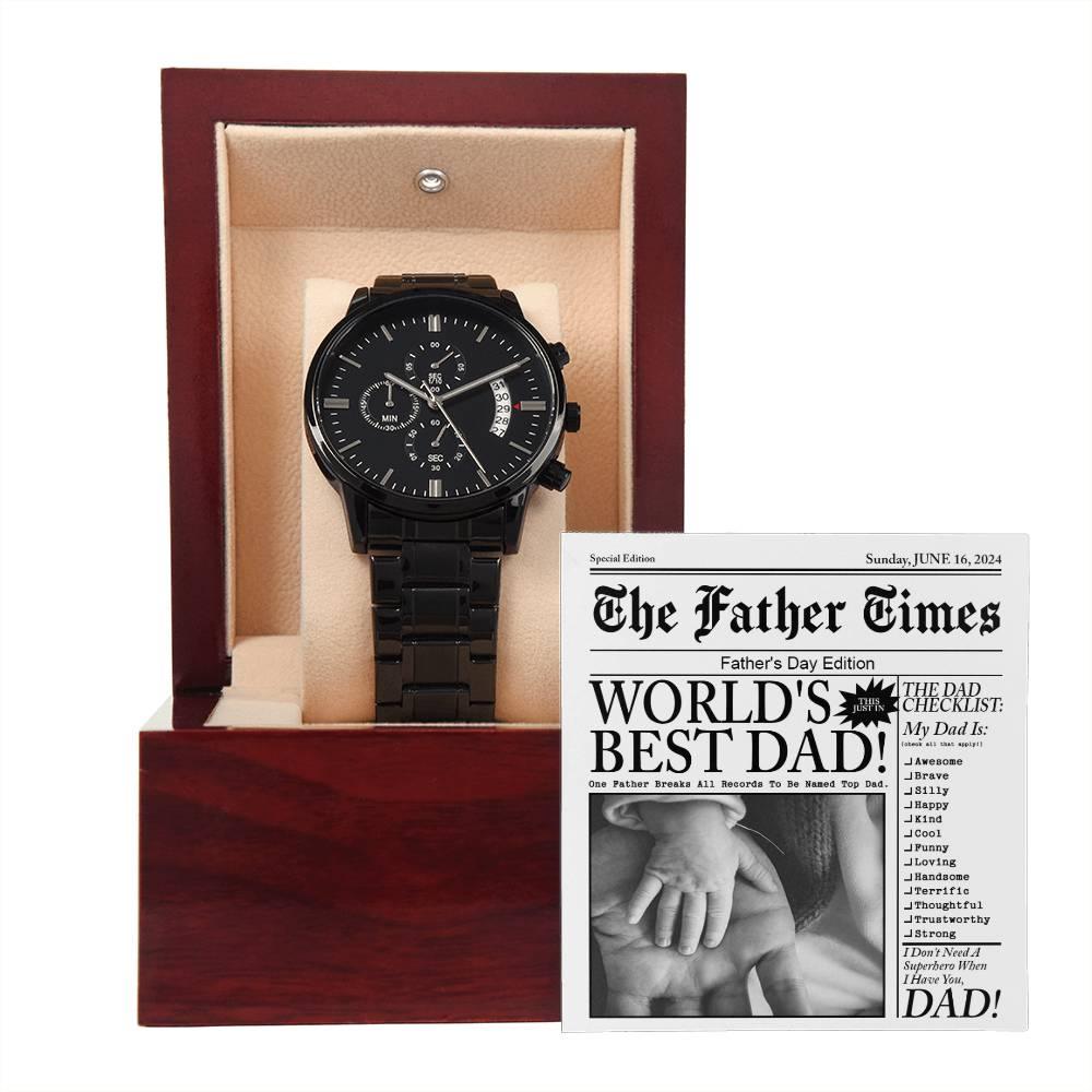 Dad Gift - Headline on The Father Times - World's Best Dad - Black Chronograph Watch - Mallard Moon Gift Shop