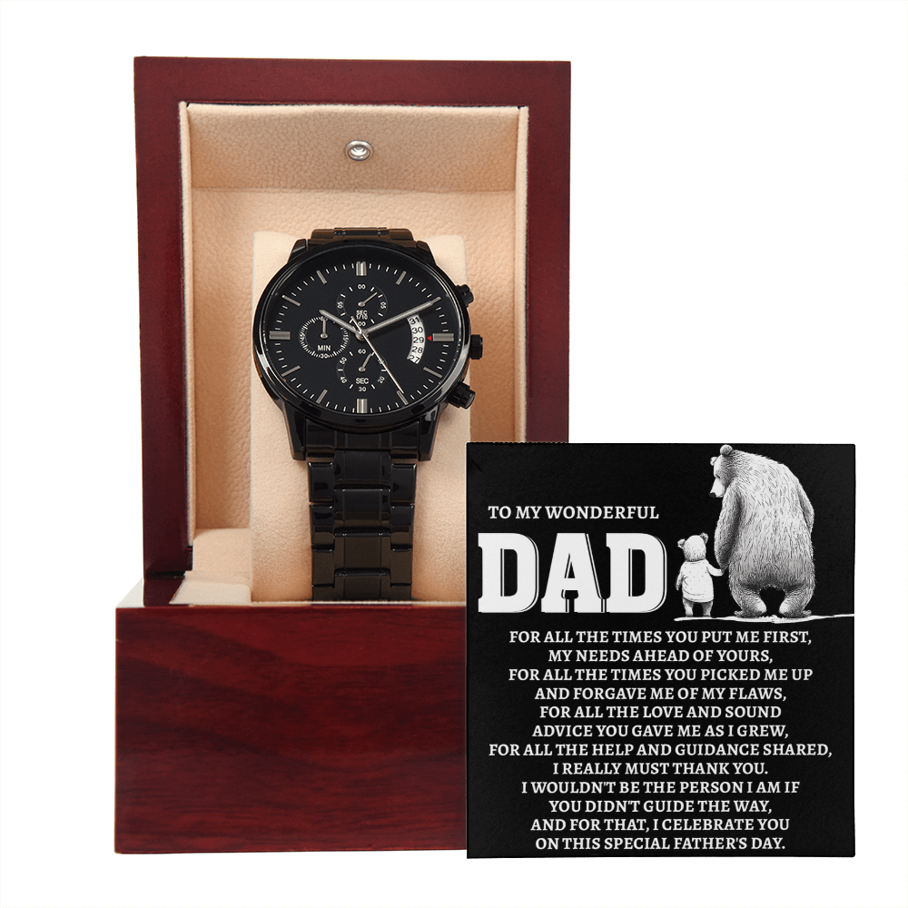 To My Wonderful Dad Men's Black Chronograph Watch – Elegant Father's Day Gift, Luxury Stainless Steel Watch with Engraved Message Card – A Timeless Gift of Thanks for Loving Fathers - Mallard Moon Gift Shop