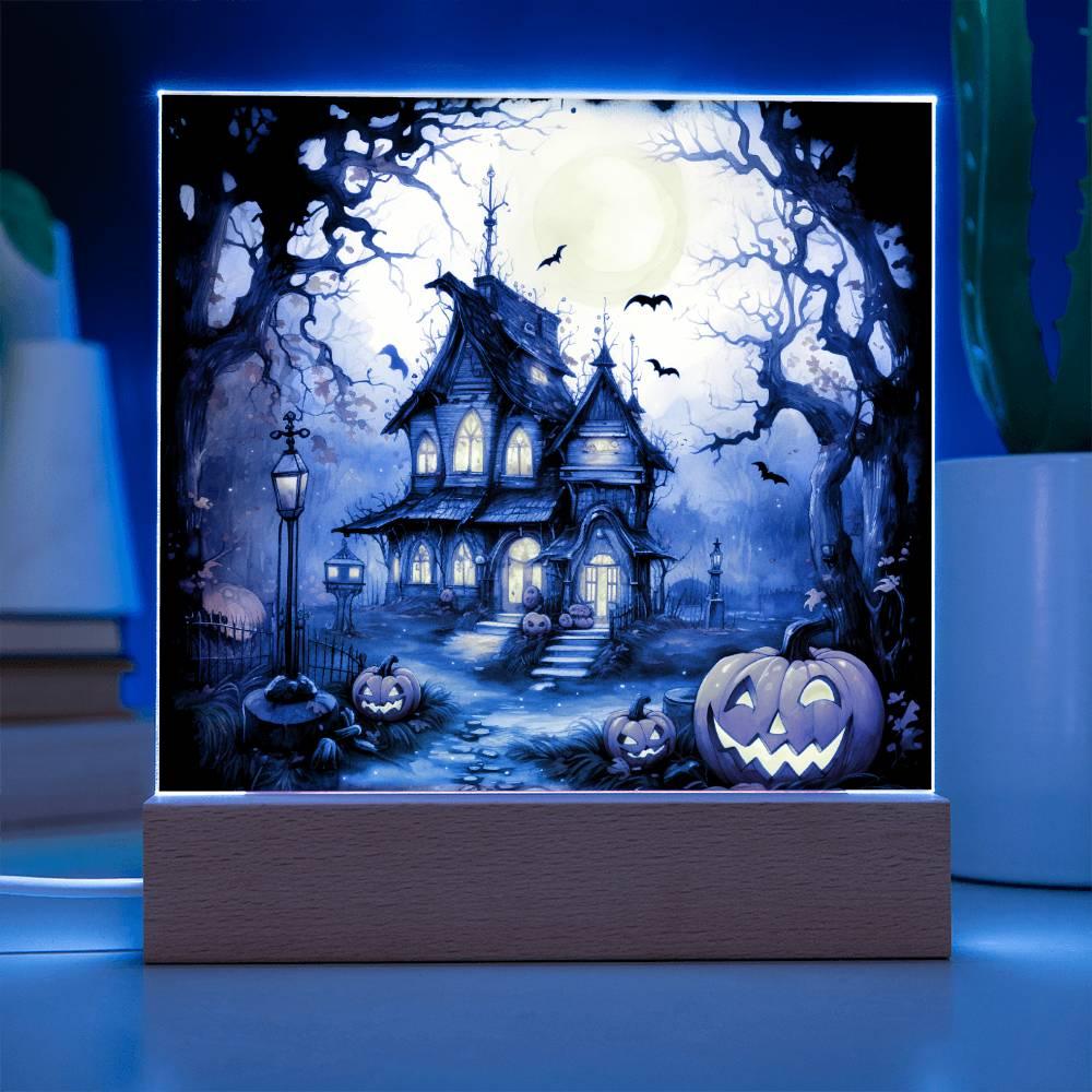 Chilling Manor: Haunted Halloween Mansion Acrylic Square Plaque with LED Lighted Wooden Base - Mallard Moon Gift Shop