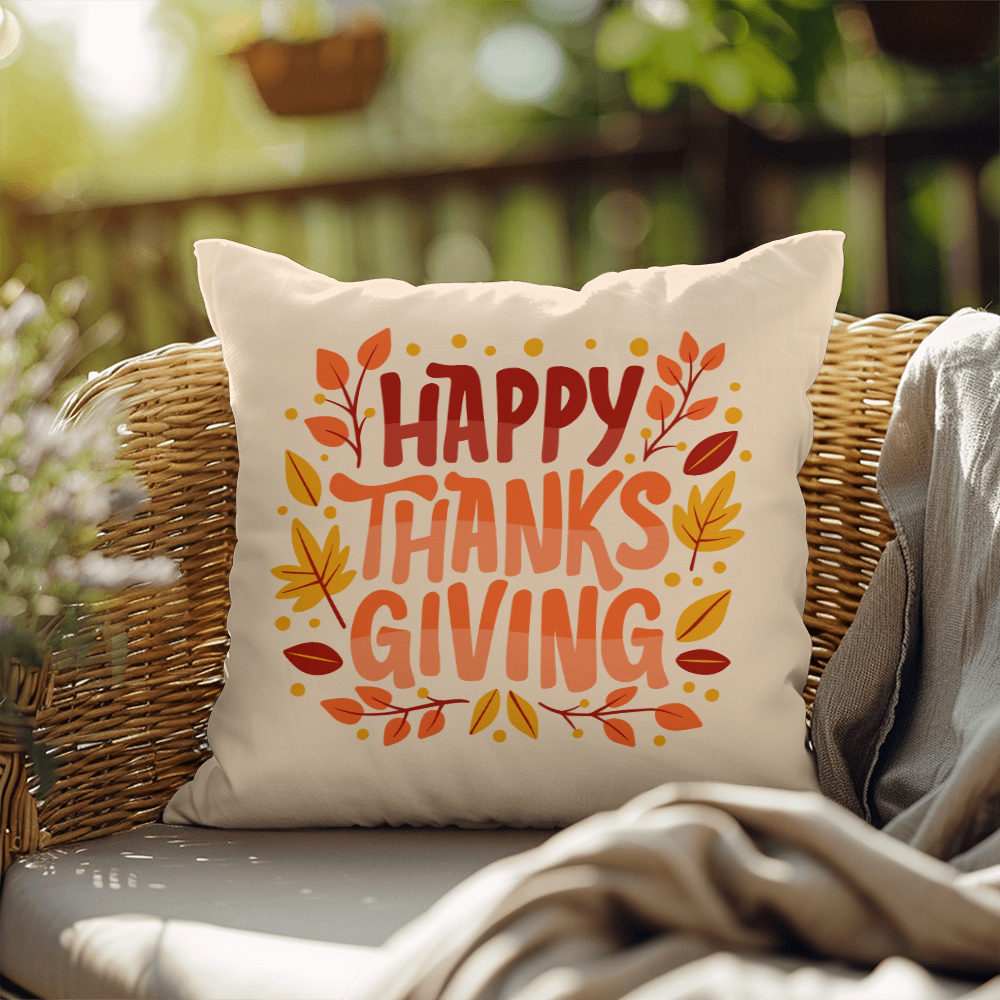 Happy Thanksgiving Throw Pillow – Indoor/Outdoor Fall Accent Cushion – Available in 3 Sizes - Mallard Moon