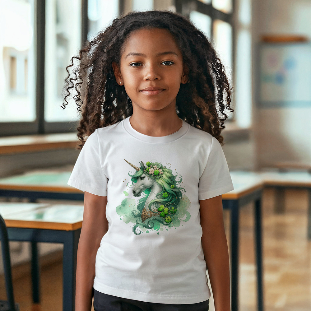 Youth St. Patrick's Day Unicorn T-Shirt – Girls Lucky Shamrock Tee – Soft Cotton Crew Neck Shirt – Irish Holiday Outfit - Mallard Moon Gift Shop