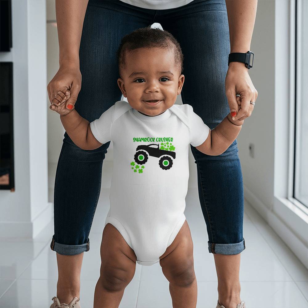 Shamrock Crusher St. Patrick’s Day Baby Bodysuit – Funny Monster Truck Onesie – Soft Cotton Infant Romper – Irish Holiday Outfit & Baby Gift - Mallard Moon Gift Shop
