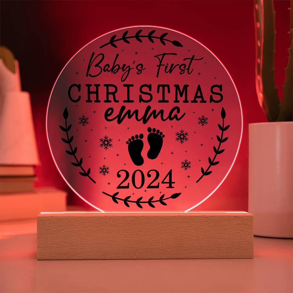 Baby's First Christmas Personalized Acrylic Plaque with Wood or LED Lighted Base - Mallard Moon Gift Shop