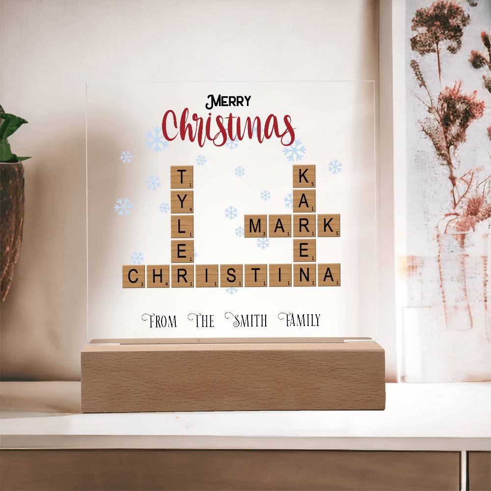 Personalized Crossword Puzzle Merry Christmas Acrylic Plaque with Lighted LED Wooden Base - Mallard Moon Gift Shop