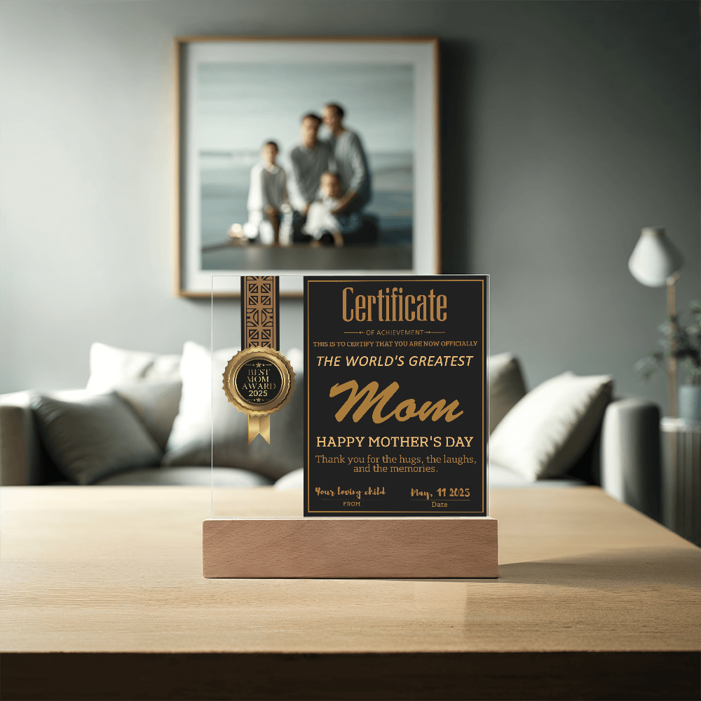 World's Greatest Mom Certificate LED Acrylic Plaque – Personalized Best Mom Award 2025 Mother's Day Gift - Mallard Moon Gift Shop