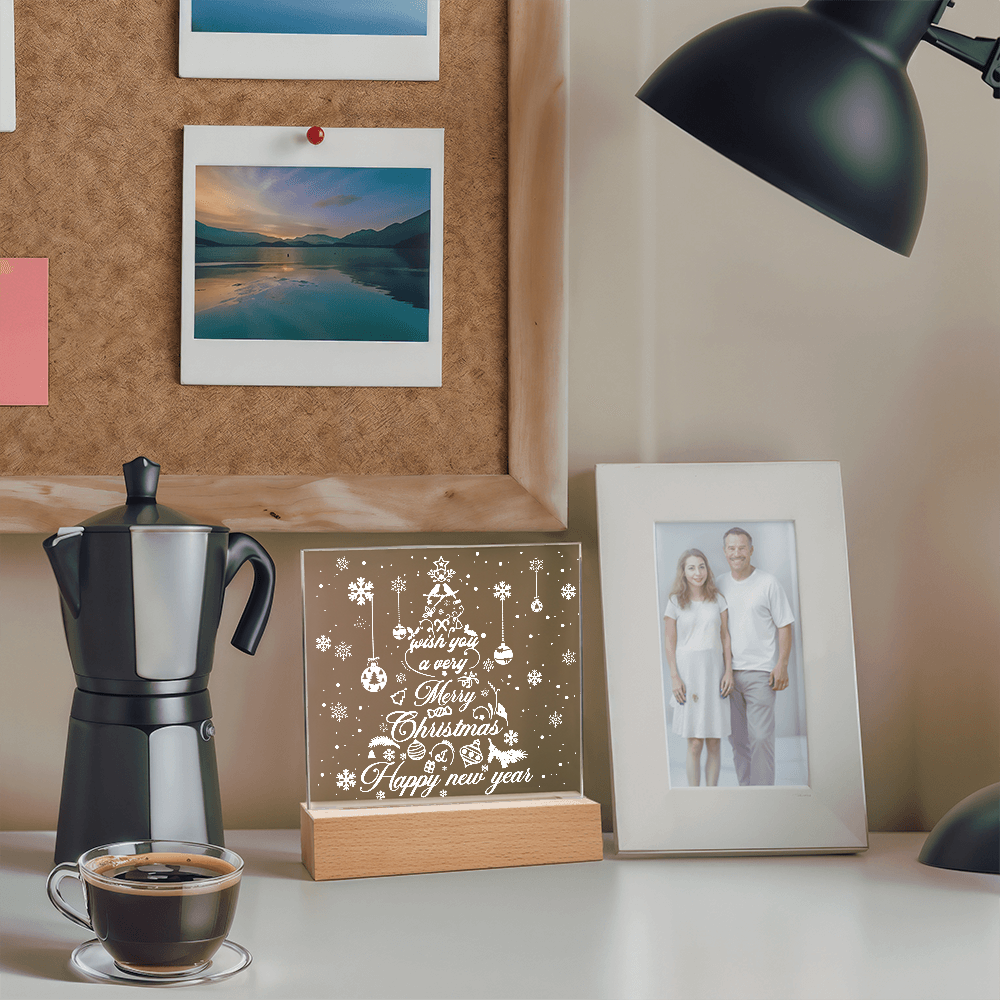 Merry Christmas & Happy New Year Acrylic Plaque – Elegant Holiday LED Light Décor | Festive Tree Design Gift