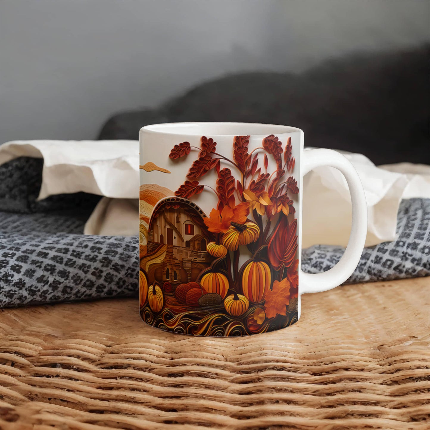 Happy Thanksgiving Coffee Mug – Festive Autumn Pumpkins & Fall Leaves Design – Available in 11oz & 15oz Ceramic - Mallard Moon