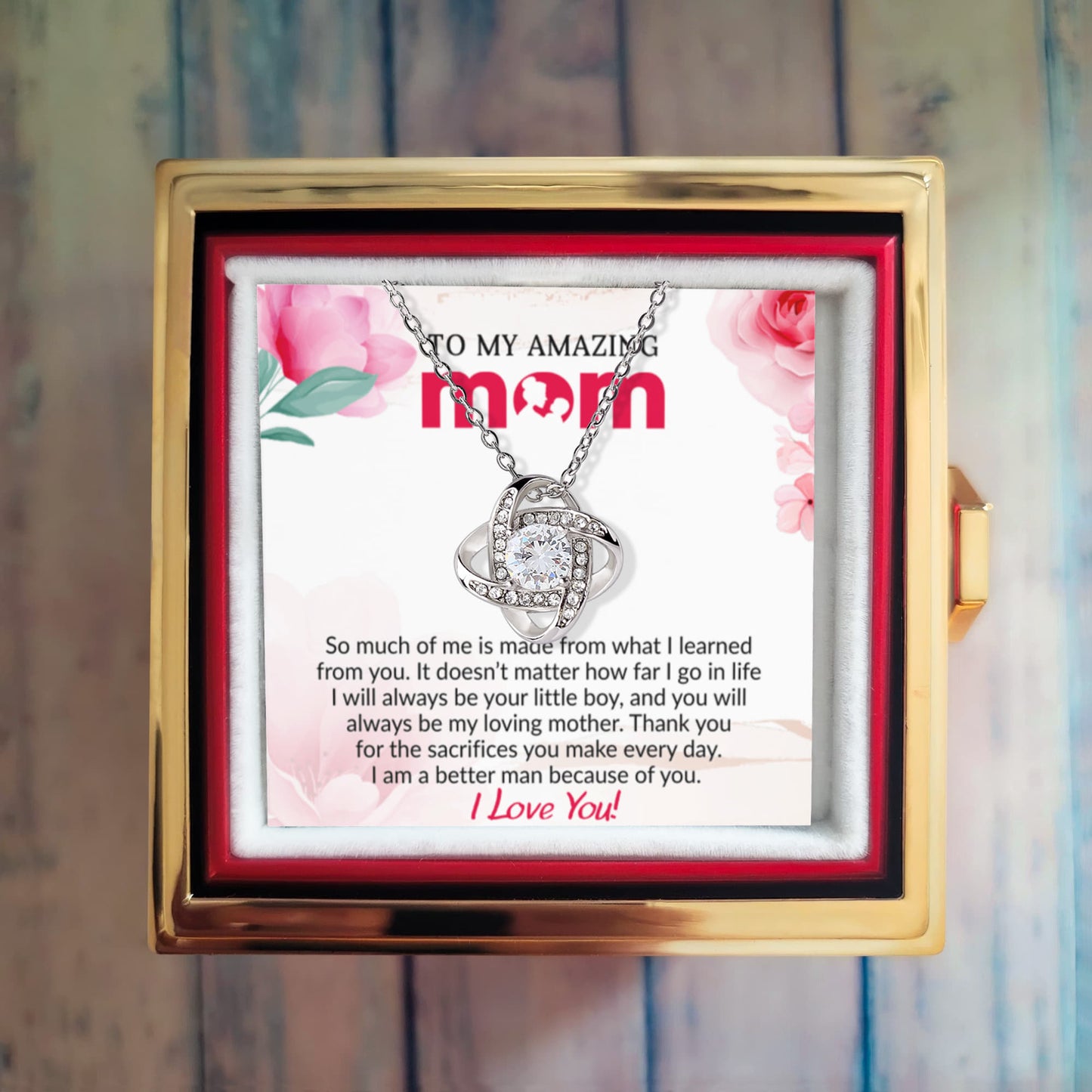 To My Mom - Because of You - Love Knot Necklace with Rose Gift Box from Son - Mallard Moon Gift Shop