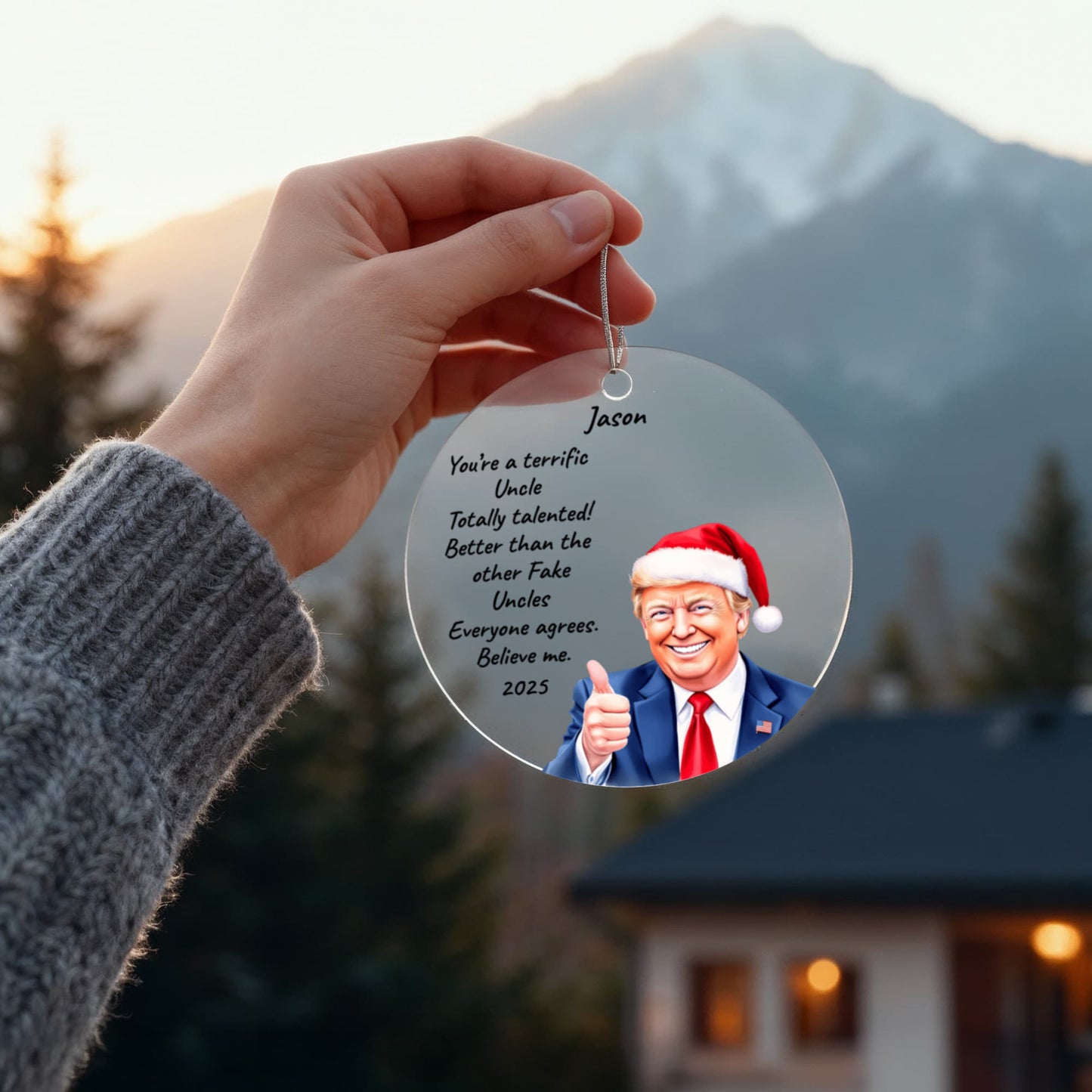 Personalized Trump Christmas Acrylic Ornament – Funny Santa Thumbs-Up Holiday Gift – Custom Name & Year Keepsake