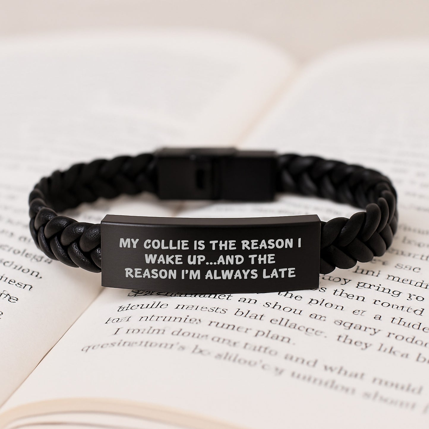 Funny Collie Dog Gifts from Mom for Birthday - Interlaced Leather Bracelet, 'My Collie Is The Reason I Wake Up...and The Reason I'm Always Late' Quote, Gifts for Men, Women, Family - Image 3