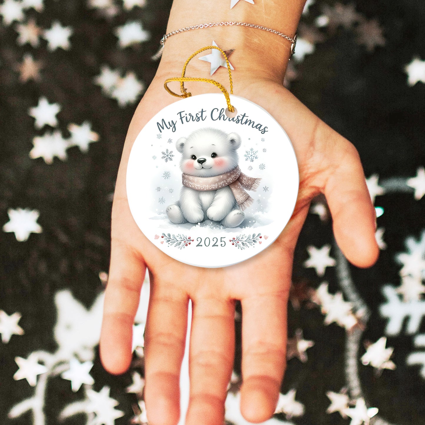 My First Christmas 2025 Bear Ornament – Baby’s First Christmas Keepsake, Cute Newborn Gift, Durable MDF Ornament with Gold Cord - Mallard Moon