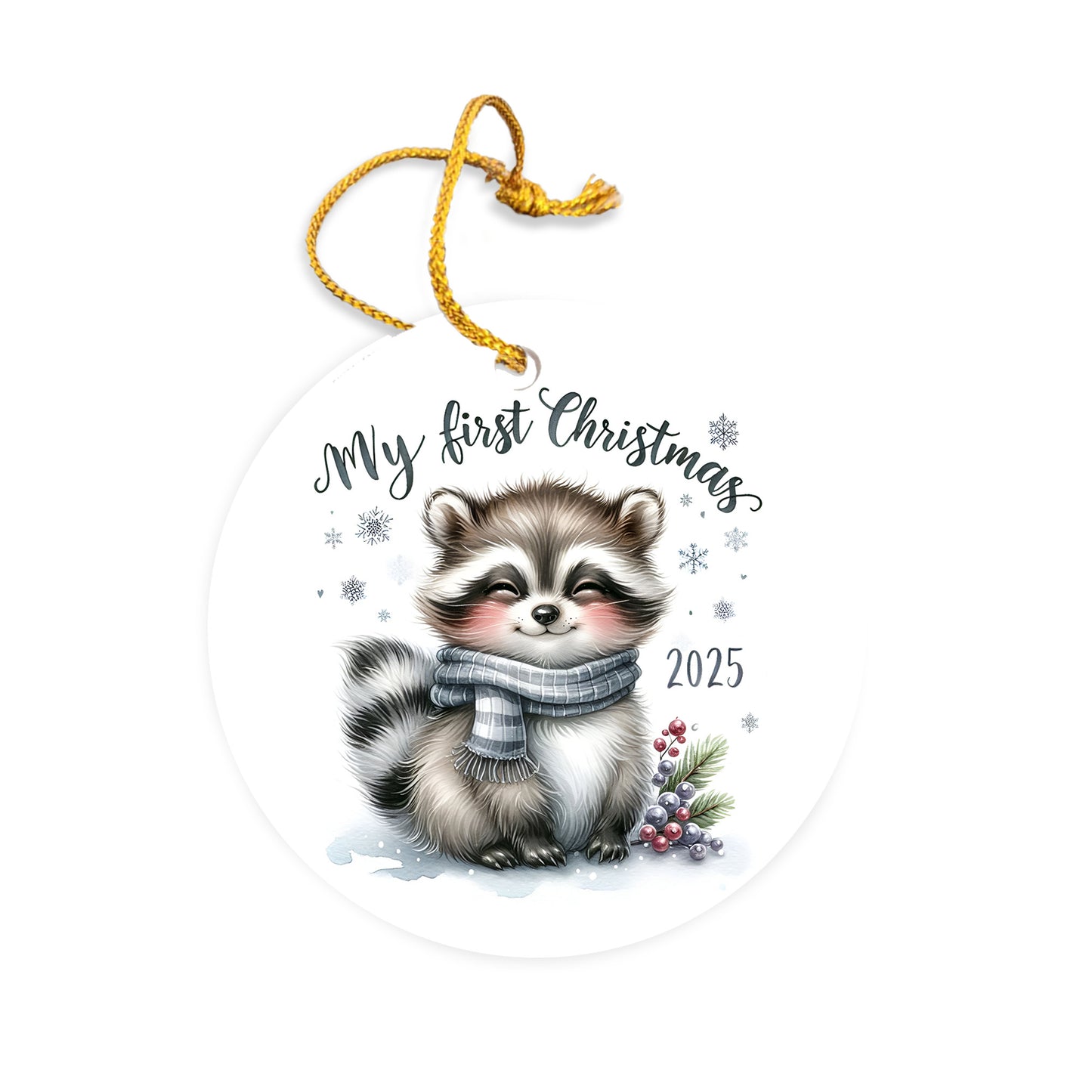 My First Christmas 2025 Raccoon Ornament – Baby’s First Christmas Keepsake, Cute Newborn Gift, Durable MDF Ornament with Gold Cord - Mallard Moon
