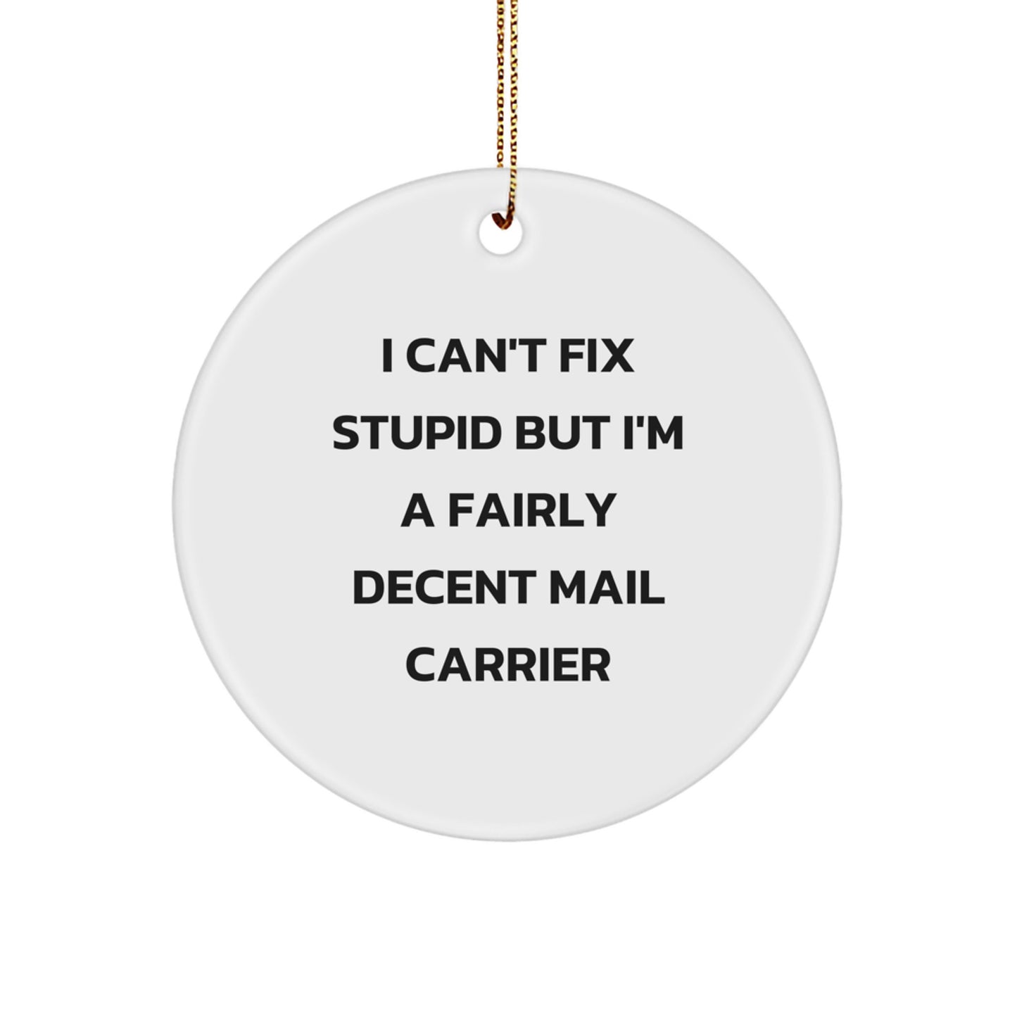 Funny Mail Carrier Gifts for Friends and Family - 'I Can't Fix Stupid' Circle Ornament, White, Christmas Unique Gifts from Men to Mail Carrier - Image 1