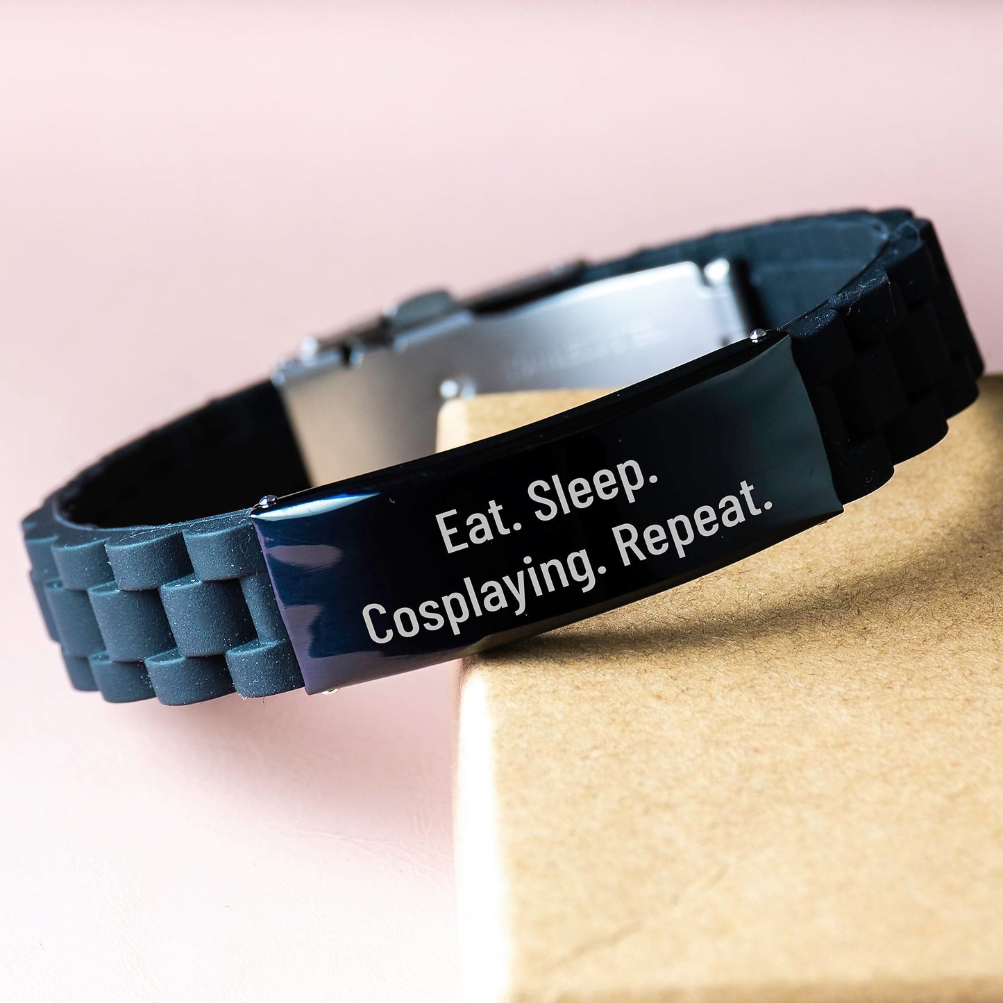 Funny Cosplaying Gifts from Friends for Graduation - Eat. Sleep. Cosplaying. Repeat. Glide lock Clasp Bracelet for Men and Women - Image 3