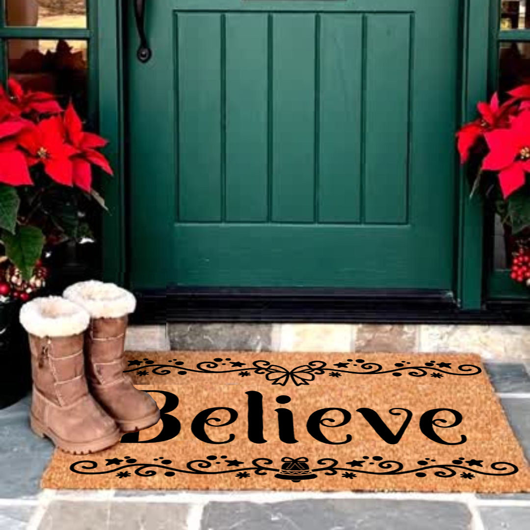 Believe in Christmas Doormat | Elegant Holiday Coir Welcome Mat with Bow & Bell Design | Festive Front Porch Décor Gift - Mallard Moon
