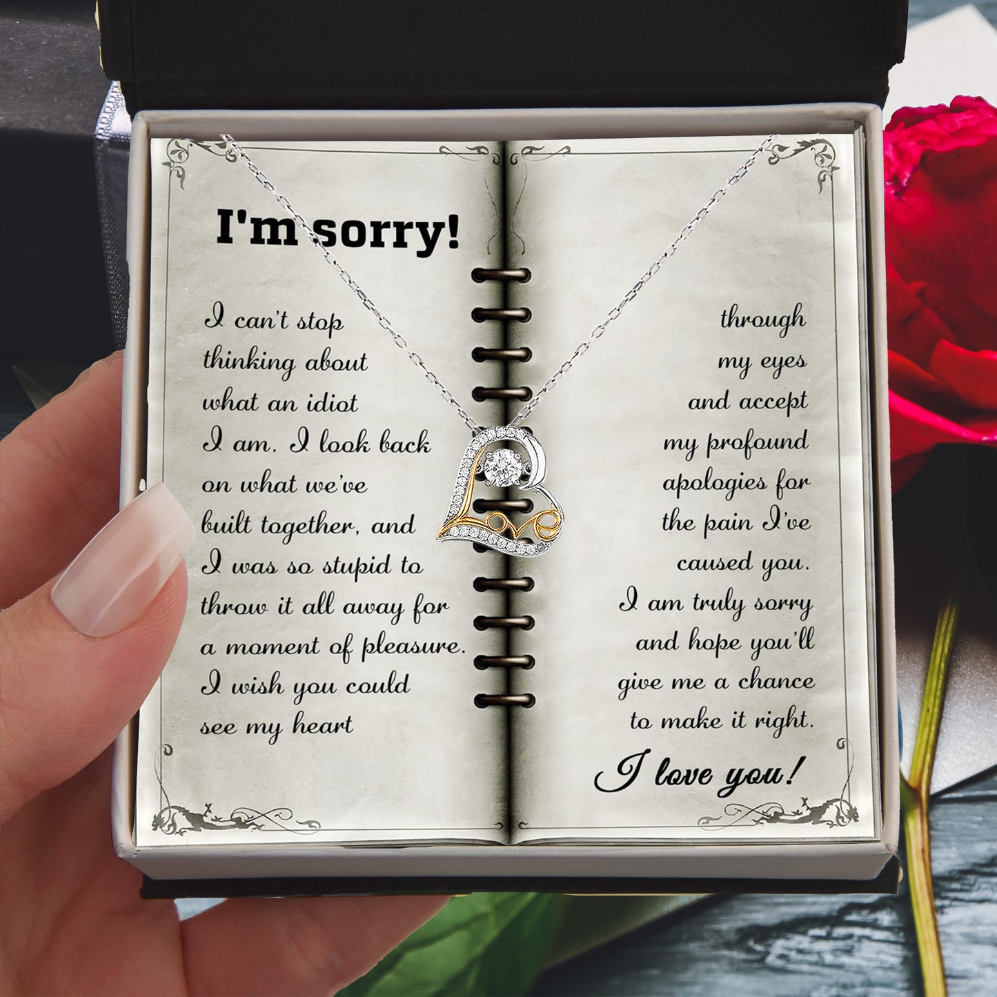 Apology Necklace for Girlfriend, Wife, or Soulmate – “I’m Sorry, What an Idiot” Love Dancing Heart Pendant with Message Card - Mallard Moon