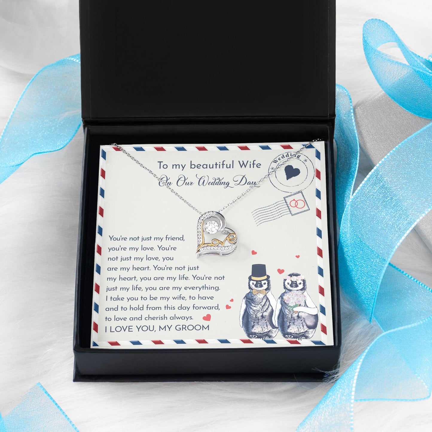 Wife Wedding Day Gift - I Will Love And Cherish Always Love Dancing Heart Pendant Necklace, Bride Jewelry, Gift from Groom - Mallard Moon Gift Shop