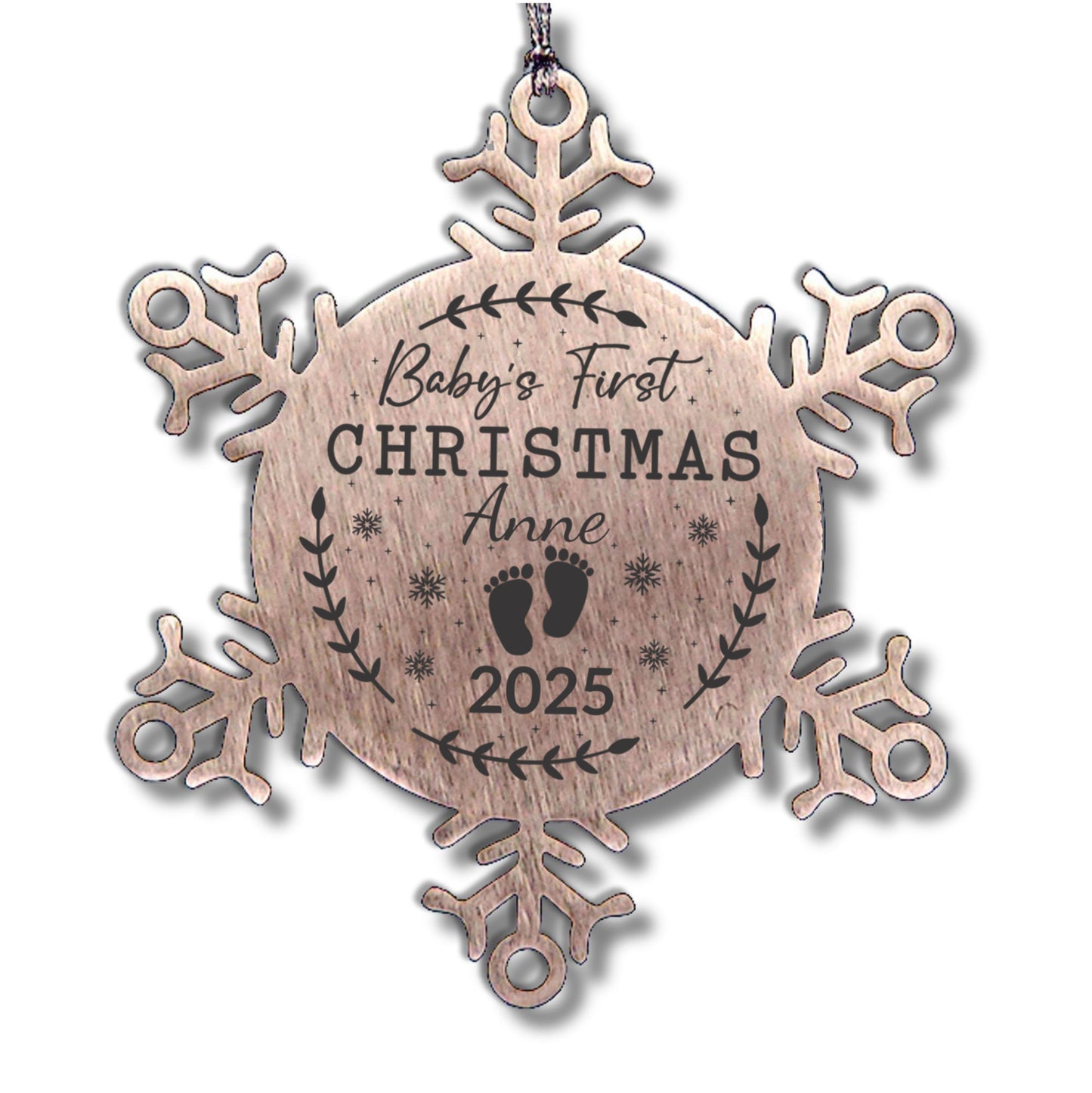 Baby's First Christmas Personalized Laser Engraved Stainless Steel Snowflake Christmas Tree Ornament - Mallard Moon