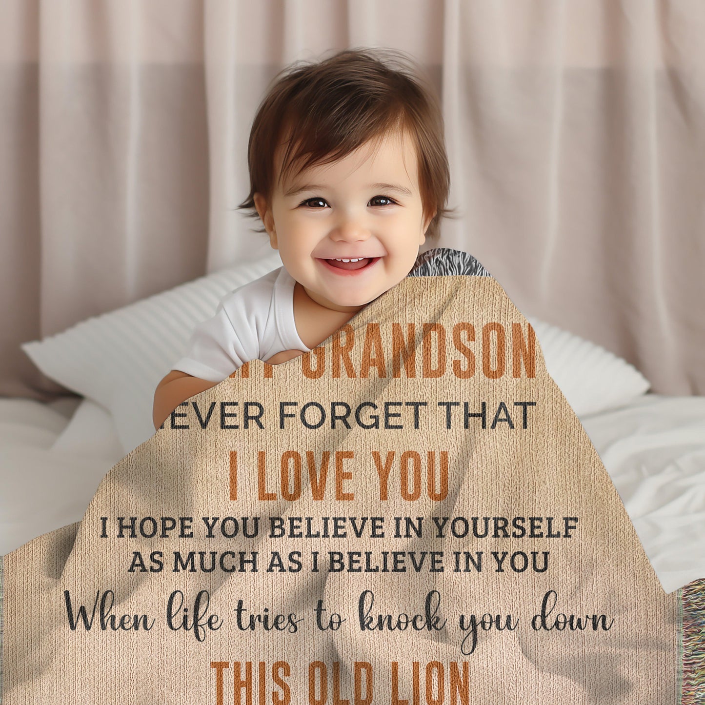 To My Grandson This Old Lion Will Always Have Your Back Personalized Heirloom Woven Blanket - Mallard Moon Gift Shop