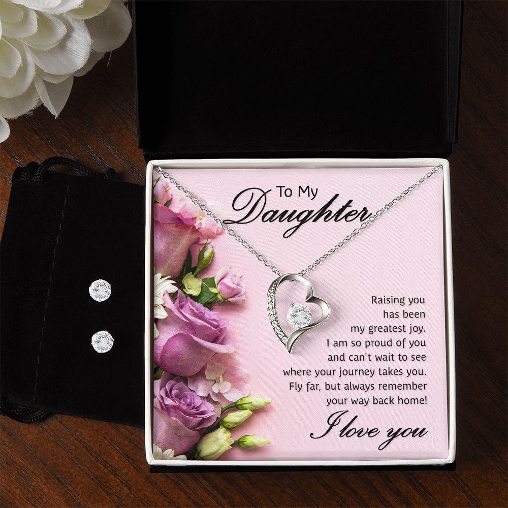 To My Daughter- Raising You My Greatest Joy Forever Love Heart Pendant Necklace and Earring Set - Mallard Moon Gift Shop