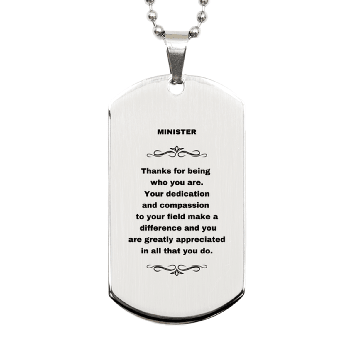 Minister Silver Dog Tag Necklace - Thanks for being who you are - Birthday Christmas Jewelry Gifts Coworkers Colleague Boss - Mallard Moon Gift Shop