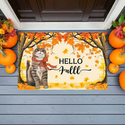 Hello Fall Cat Doormat – Fall Welcome Mat with Interchangeable Cat Designs, Autumn Leaves & Cozy Seasonal Décor for Cat Lovers and Fall Homes