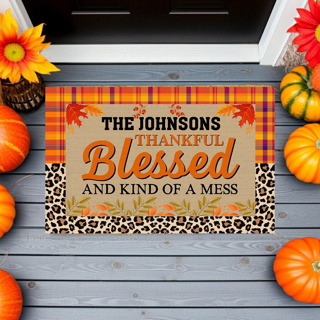 Personalized Thanksgiving Doormat – “Thankful, Blessed, and Kind of a Mess” Custom Family Name Fall Welcome Mat with Plaid and Leopard Print Design