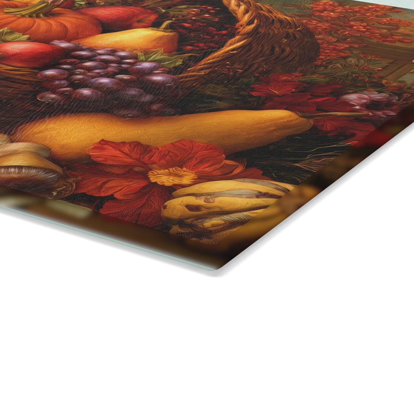 Autumn Harvest Glass Cutting Board — Pumpkin & Fruit Still Life Kitchen Décor