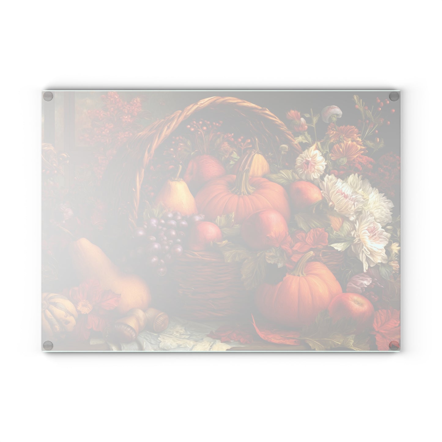 Autumn Harvest Glass Cutting Board — Pumpkin & Fruit Still Life Kitchen Décor