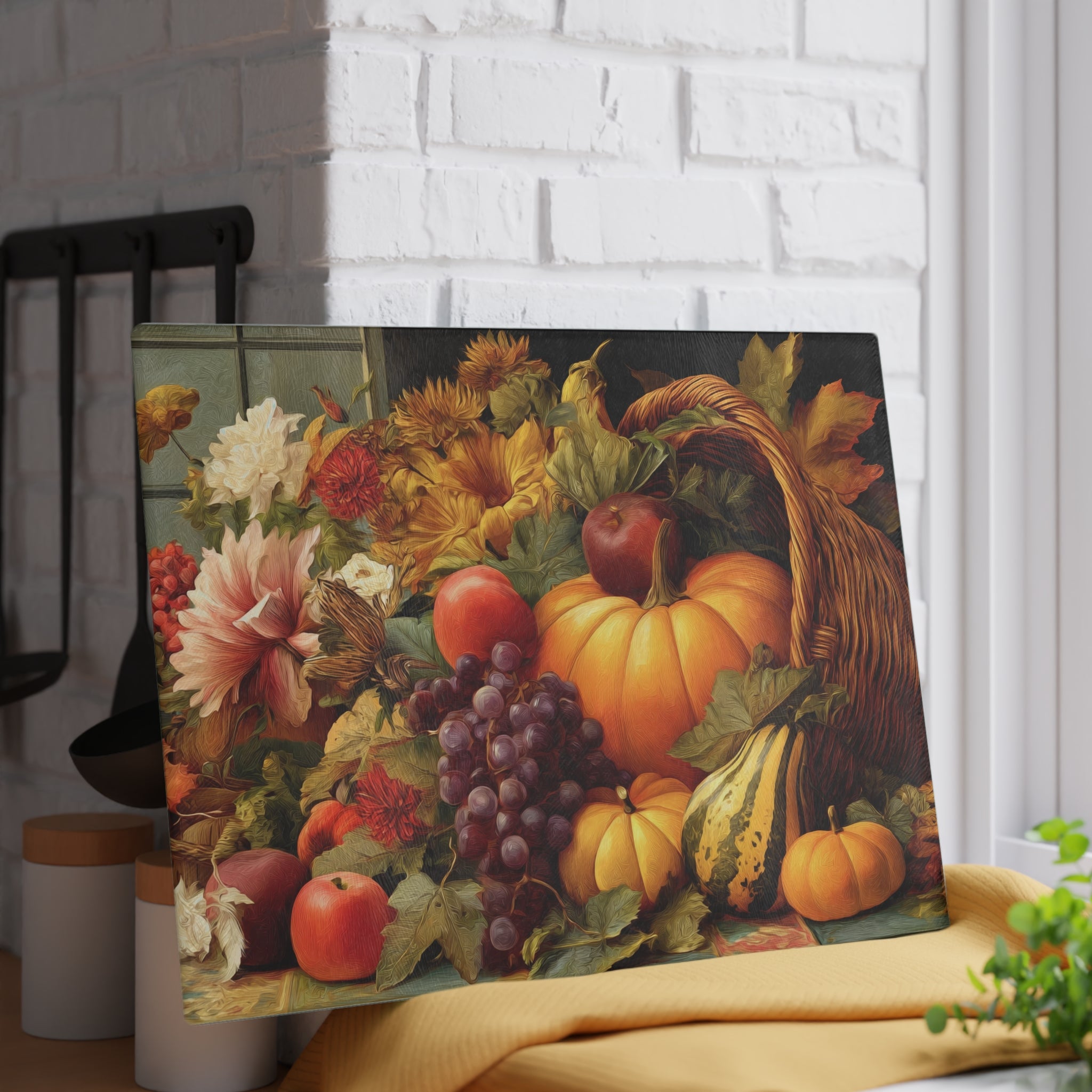 Autumn Harvest Glass Cutting Board — Cornucopia Pumpkins & Fall Fruit Kitchen Decor