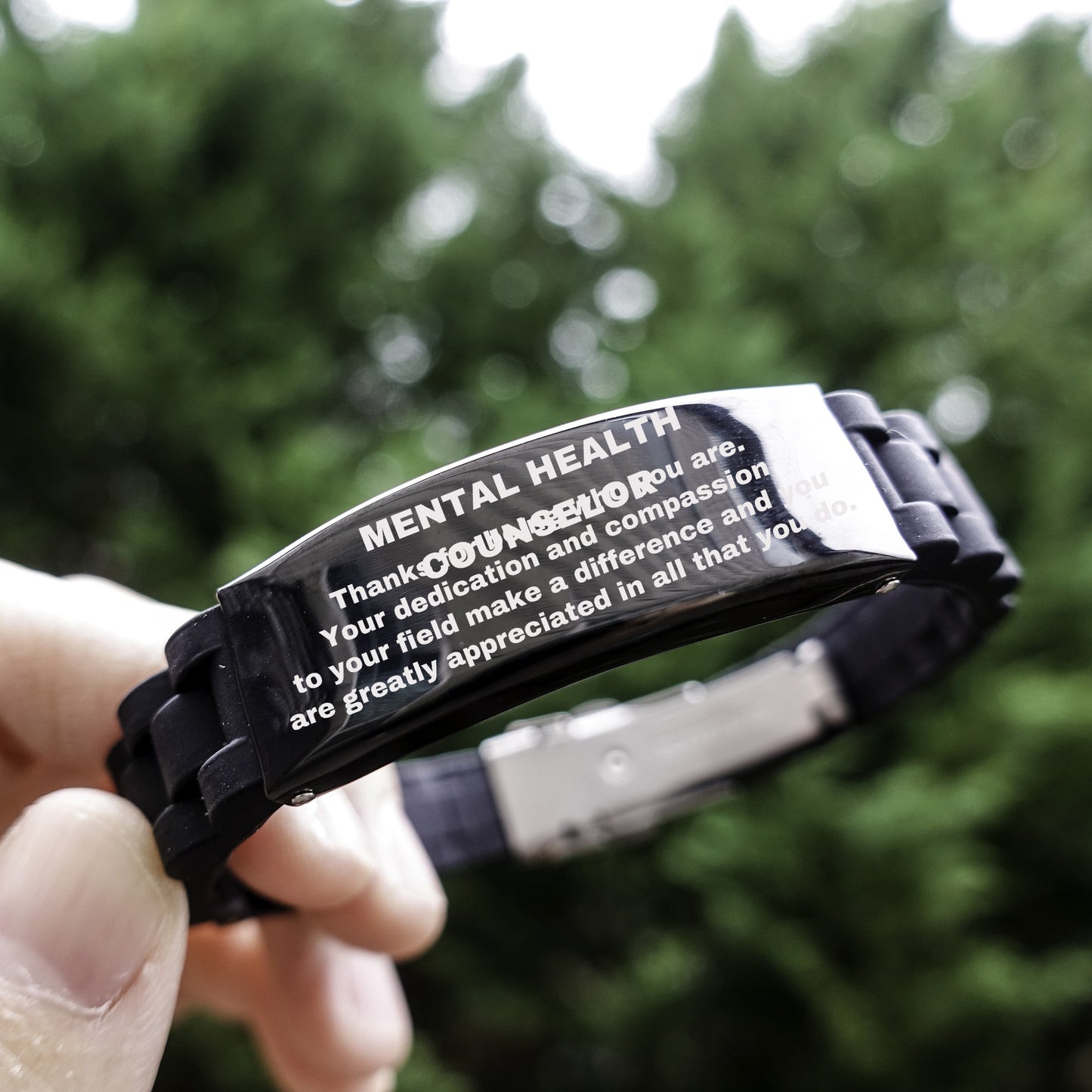 Mental Health Counselor Glidelock Bracelet – Engraved Black Stainless Steel and Silicone Wristband Gift for Mental Health Counselors – Appreciation Gift for Him or Her - Mallard Moon Gift Shop