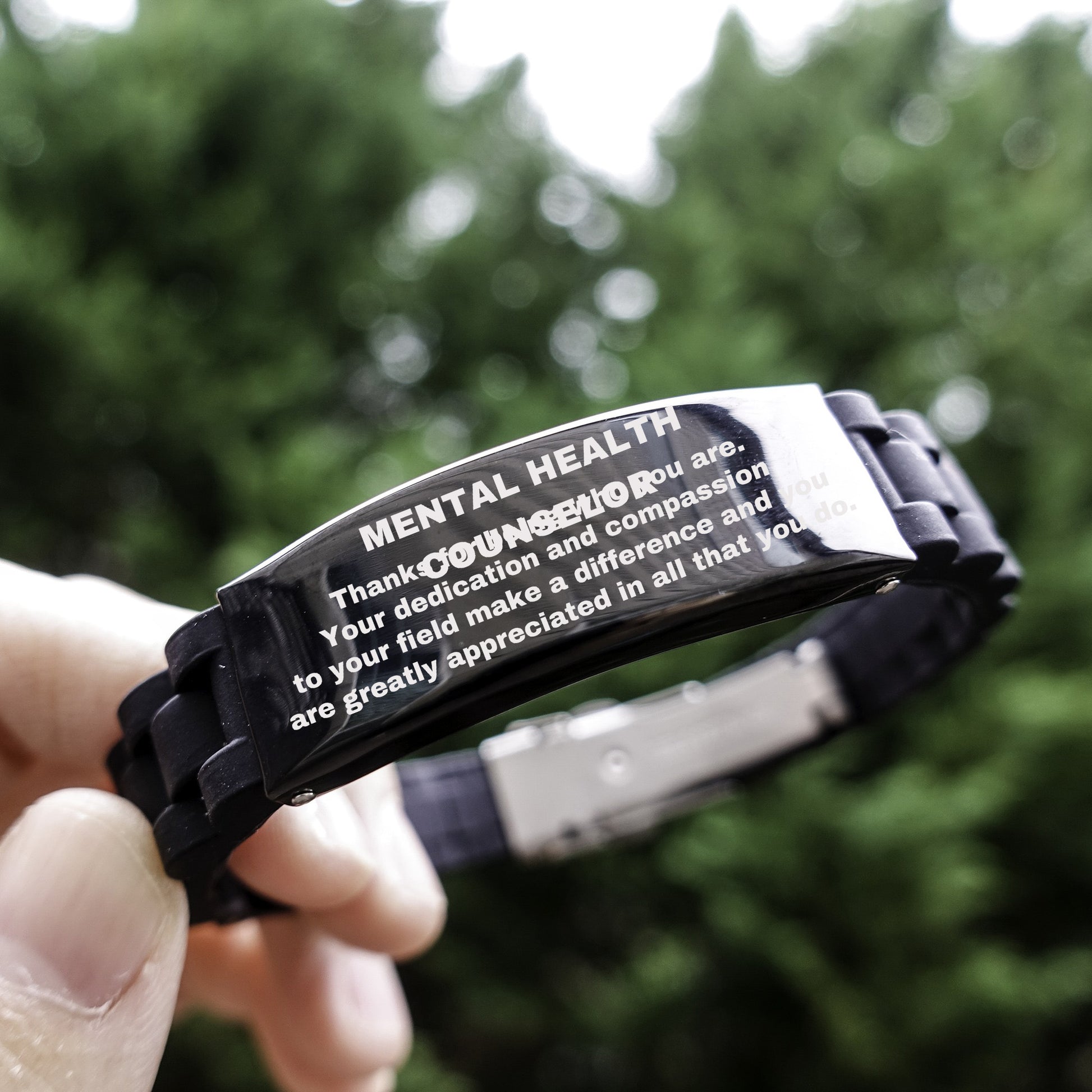 Mental Health Counselor Glidelock Bracelet – Engraved Black Stainless Steel and Silicone Wristband Gift for Mental Health Counselors – Appreciation Gift for Him or Her - Mallard Moon Gift Shop