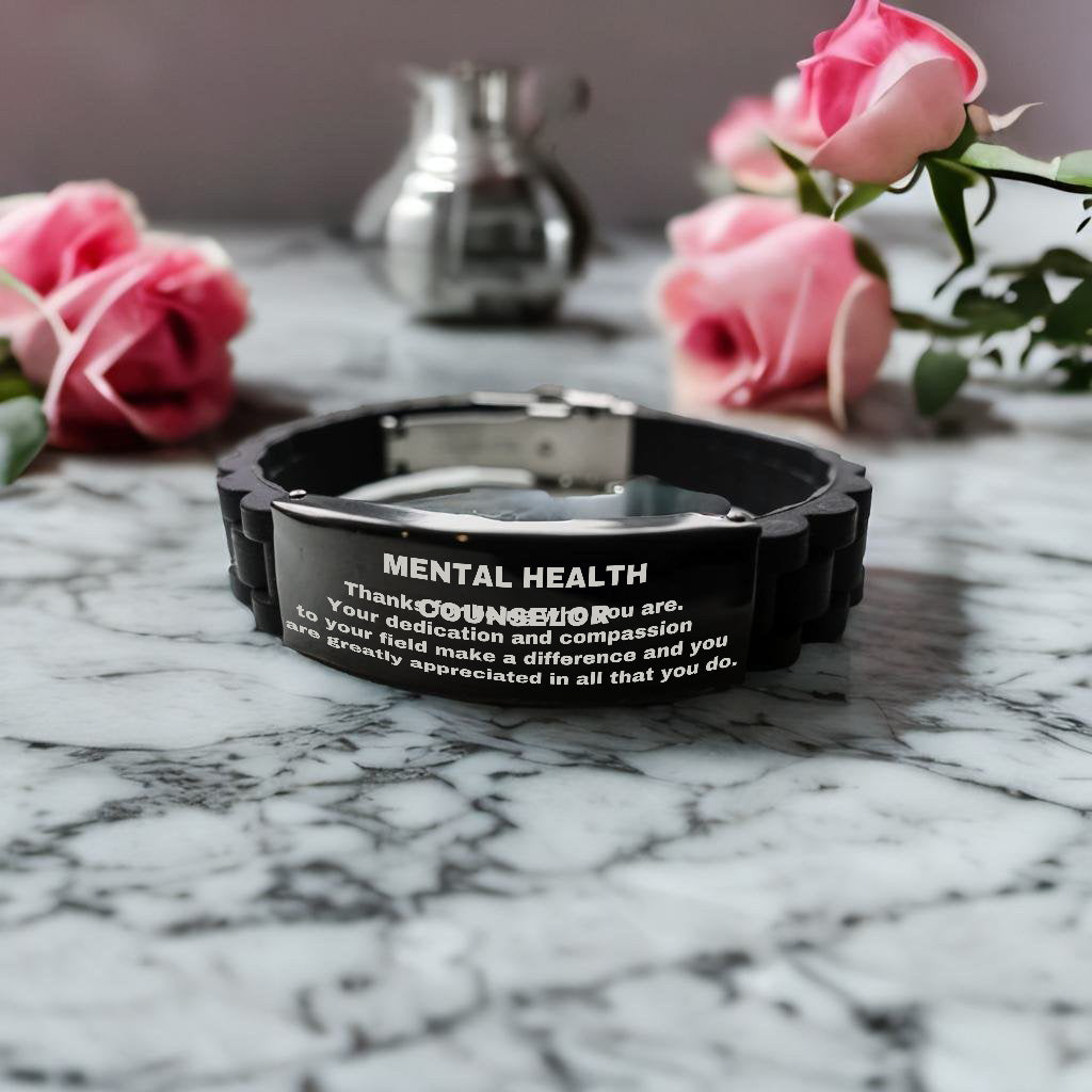 Mental Health Counselor Glidelock Bracelet – Engraved Black Stainless Steel and Silicone Wristband Gift for Mental Health Counselors – Appreciation Gift for Him or Her - Mallard Moon Gift Shop