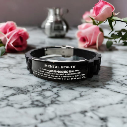 Mental Health Counselor Glidelock Bracelet – Engraved Black Stainless Steel and Silicone Wristband Gift for Mental Health Counselors – Appreciation Gift for Him or Her - Mallard Moon Gift Shop