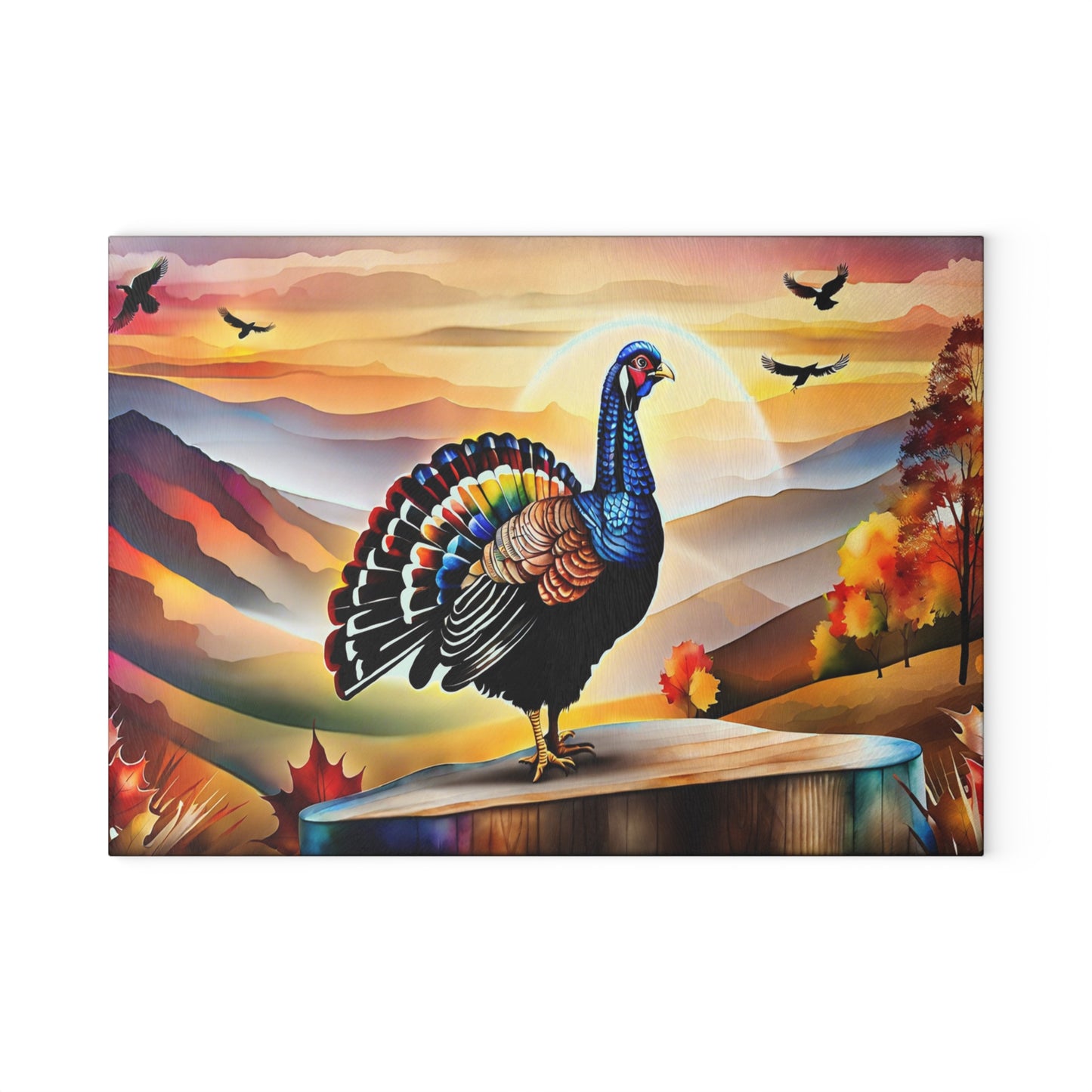 Glass Cutting Board — Colorful Turkey Sunset Kitchen Cutting Board, Autumn Farmhouse Décor