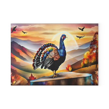 Glass Cutting Board — Colorful Turkey Sunset Kitchen Cutting Board, Autumn Farmhouse Décor