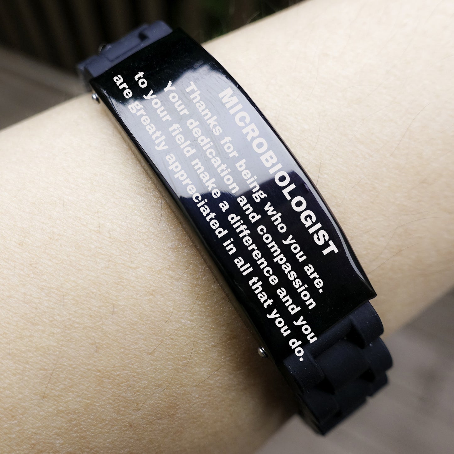 Microbiologist Black Glidelock Clasp Engraved Bracelet - Thanks for being who you are - Birthday Christmas Jewelry Gifts Coworkers Colleague Boss - Mallard Moon Gift Shop